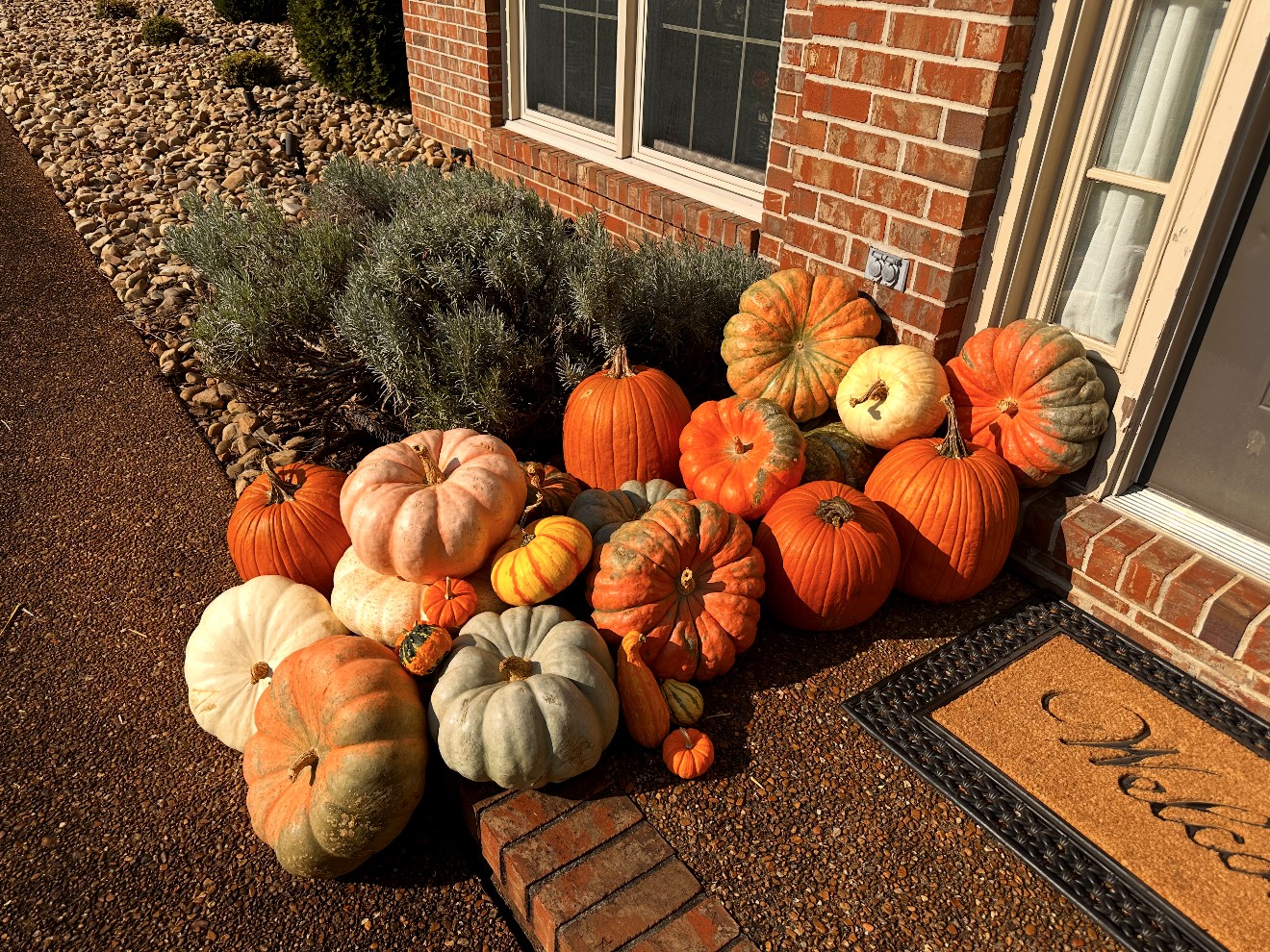 Heirloom pumpkin grouping at a brick entry