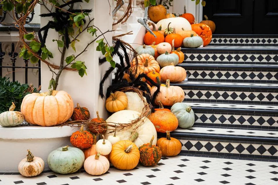 Heirloom pumpkins in mixed colors on a stoop